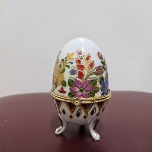 PORCELAIN 3 LEGGED LIDDED EGG SHAPED TRINKET BOX COLORFUL